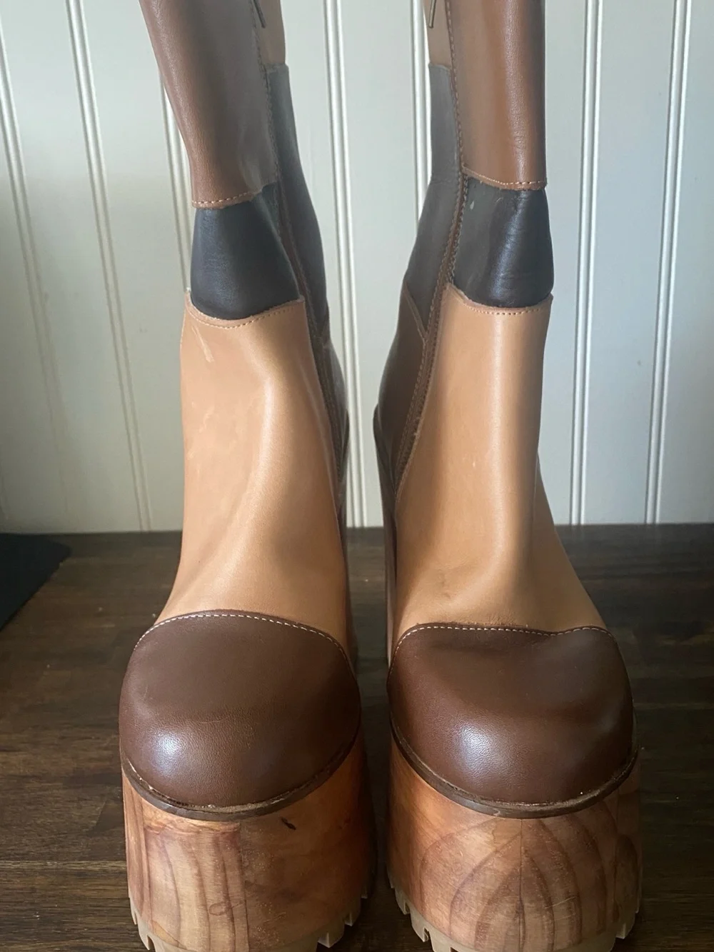 Steve Madden Two-Tone Brown Leather Platform Mid-Calf Boots